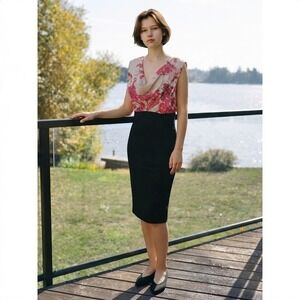 Ted Baker Silk Bodice Dega Floral Etching Black Pink Pencil Dress sz 2 (USA 6)